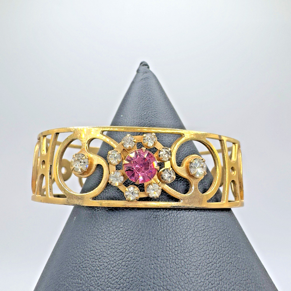 Vintage Rhinestone Cuff Bracelet Pink Clear Gold Tone 6.5" Adjustable